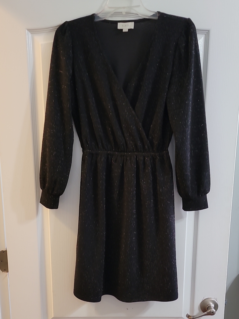 LOFT Black Metallic Thread Long Sleeve Wrap Dress